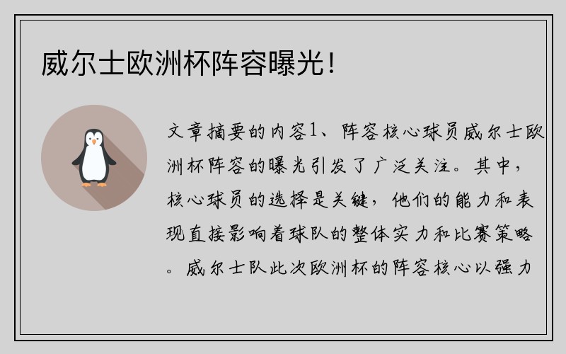 威尔士欧洲杯阵容曝光！