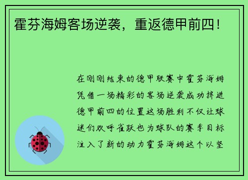 霍芬海姆客场逆袭，重返德甲前四！
